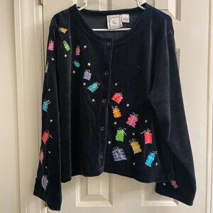 Vintage Michael Simon Lite Black Velvet Present Ugly Christmas Cardigan